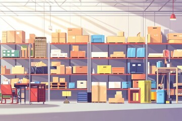 Obraz premium Sunlit warehouse interior with shelves full of cardboard boxes and various goods.