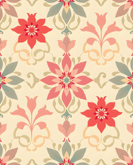 Vibrant Damask floral with geometric diamonds and pastel tones, seamless pattern.