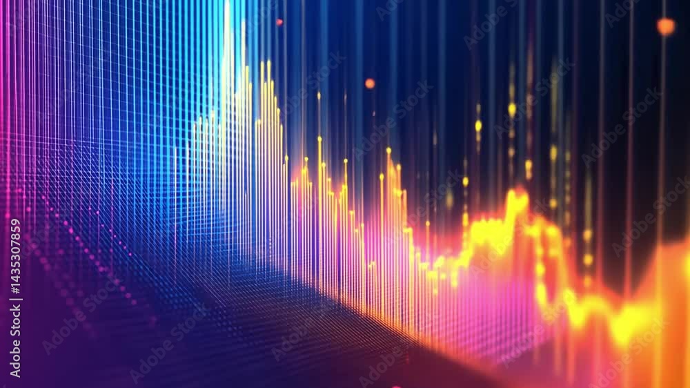 Poster vibrant digital sound wave visualization colorful gradients showcasing peaks and troughs in dynamic 