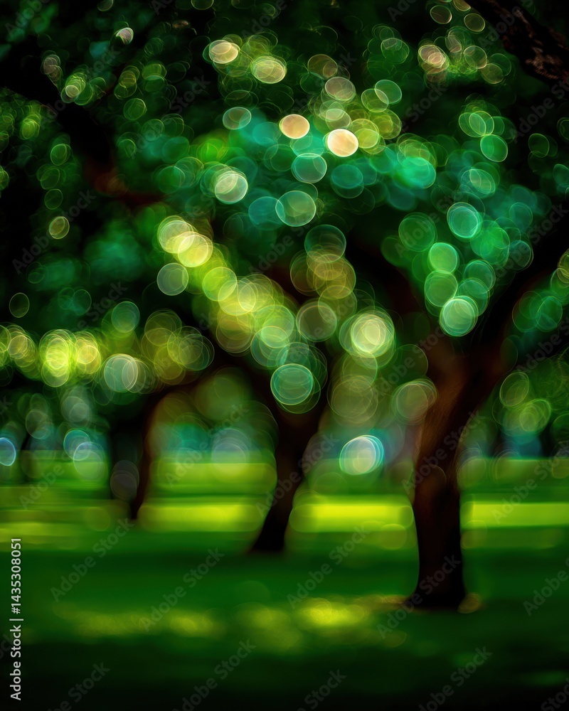 Poster enchanting forest scene with ethereal bokeh lights creating a magical atmosphere through blurred tre