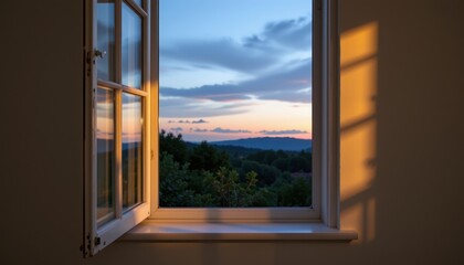 Fototapeta premium A minimalist window frame view at dusk with breeze entering, casting soft shadows that speak of stillness and solitude