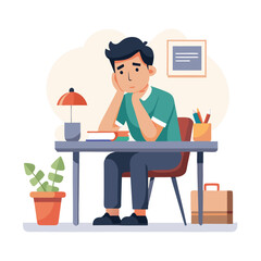 Vector of stressed tired man sitting at table working on laptop computer