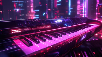 A futuristic digital piano with glowing keys in a cyberpunk setting.