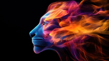 Obraz premium Abstract Fiery Portrait: A Woman's Face Embraces Vivid Flames, Digital Art