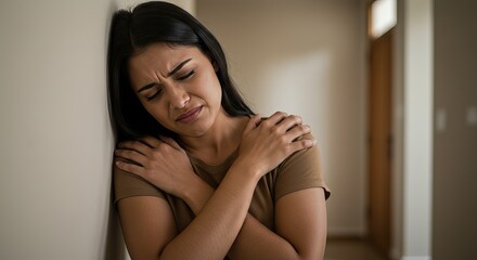 Naklejka premium Contemplative woman leaning against wall in emotional moment