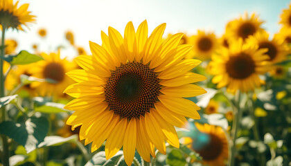 Fototapeta premium Vibrant Sunflower in Full Bloom. Close-Up with Textured Center. Amidst a Field of Blurred Sunflowers Under a Clear Blue Sky. Capturing the Essence of Summer and Nature's Beauty.