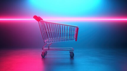 A metallic shopping cart stands alone in a vibrant neon-lit environment, creating a surreal atmosphere