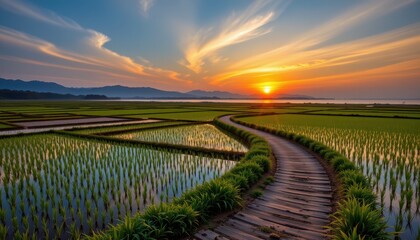 Fototapeta premium A winding path between rice paddies at dusk, breeze tracing lines across the water, the horizon fading into stillness