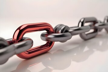 Fototapeta premium A strong metal chain with a red link shows connection and security on a white background