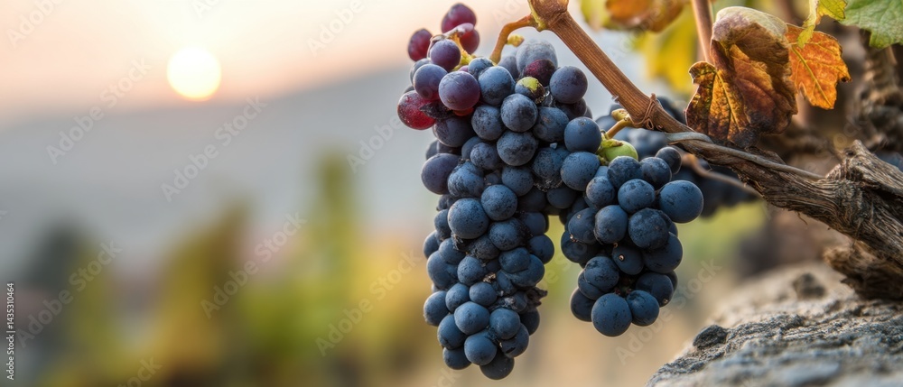 Poster ripe grapes hanging on vine at sunset with soft light creating a warm and inviting atmosphere in a v