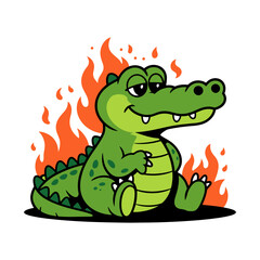 Happy Cartoon Crocodile with Fire Flames