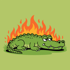Grumpy Cartoon Crocodile with Fire Flames Background