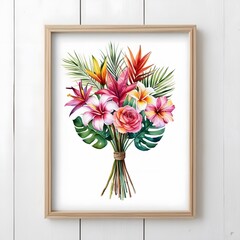 Abstract hyper realistic watercolor painting of a small, detailed tropical flower bouquet inside a frame, isolated on white background art illustration design