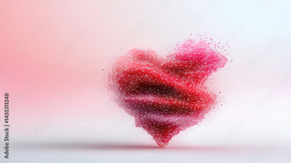 Poster dynamic heart shape created with digital particles and colors