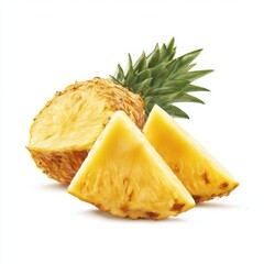 Pineapple slices and half fruit on white background