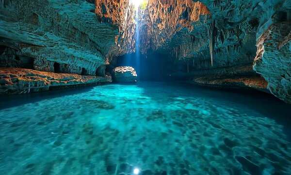 Mystical subterranean cenote with turquoise water and sun rays piercing the ceiling