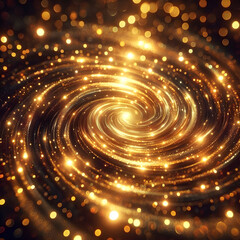 Obraz premium Golden spiral galaxy swirling with bright lights and bokeh effect