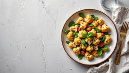 Minimalist top down photo of roasted cauliflower salad, placed on the right side over soft clean modern background