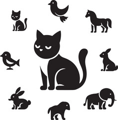 minimal animal silhouette icons, cat, dog, bird, fish, horse, rabbit, elephant, lion, solid black style, black and white color
