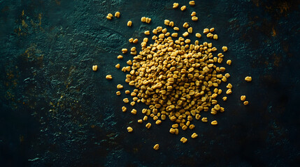 Whole fenugreek seeds arranged in a natural pile on a dark background, their soft yellow tones contrasting against the rich, earthy surface.