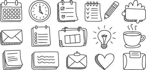 Minimal doodle style icons yoga mat, candle, book, tea cup, face mask, sleep mask, bath tub, journal, music notes