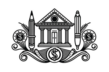 Naklejka premium Victorian style Color Pen Finance Banking Line Symbols