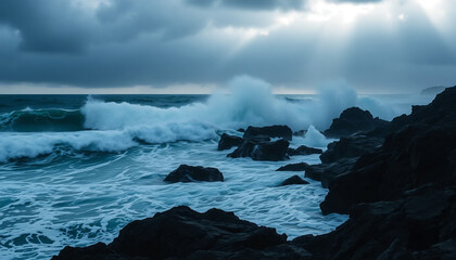 Stormy Ocean Waves Crashing on Rocks