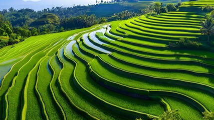 Fototapeta premium Lush Green Rice Terraces Aerial View - Aerial Views/Drone Photography