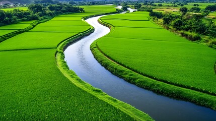 Naklejka premium Lush Green Rice Paddies & River Aerial - Aerial Views