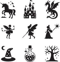 Fantasy theme silhouette icons unicorn, castle, dragon, fairy, magic wand, wizard hat, moon, potion bottle, enchanted tree