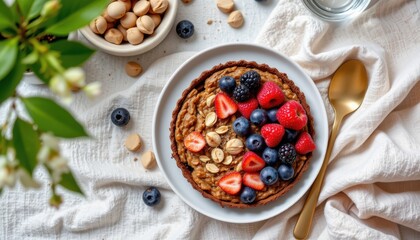 Minimalist top down photo of baked oatmeal with berries, placed on the right side over soft homestyle table