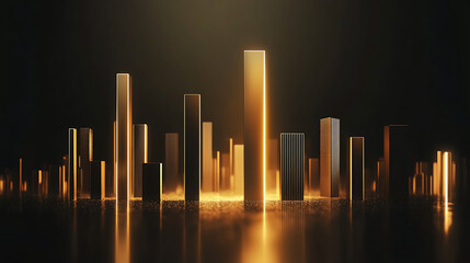 Elegant 3D bar graph with upward trends, golden glow, representing strong quarterly results, on a dark background. (3)