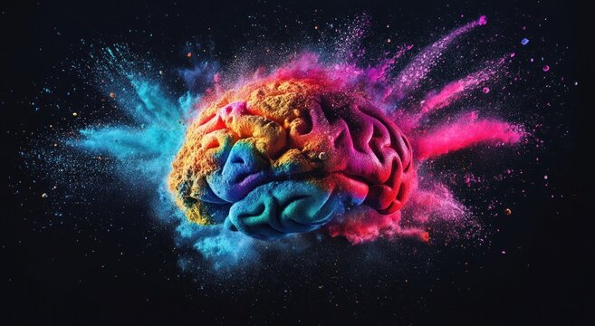 Colorful brain exploding with vibrant powder.