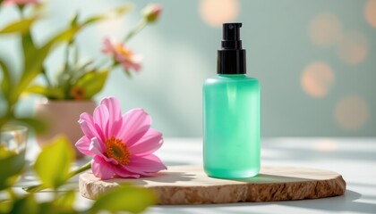 Minimalist skincare bottle in vibrant jade with bokeh background, radiant product shoot