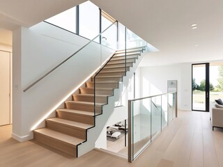Modern staircase with glass railing in a bright, contemporary home interior