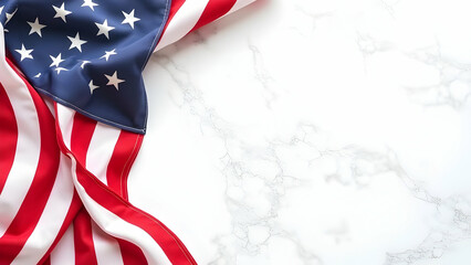 "USA Flag Draped Elegantly Over White Marble Background, Combining Patriotic Stars and Stripes with Sophisticated Style, Ideal for Memorial Day or Independence Day Themes, Featuring Blank Space 