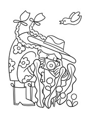 Girl taking pictures of flowers. A person in cowboy hat and boots. Outdoor recreation, hobby. Coloring sheet vector illustration.