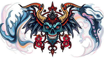 Fototapeta premium Ornate Skull with Horns and Wings
