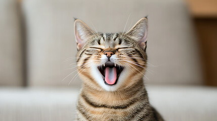 Tabby cat looking up. Close up cat face. Happy pet relaxing at home.