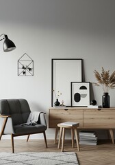 Living Room Interior with Armchair, Cabinet and Home Decor