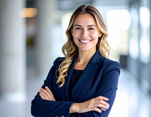 Mujer Ejecutiva con Brazos Cruzados Adoptando una Postura Reflexiva y Segura en un Entorno Profesional, Transmitiendo Confianza, Autoridad y Consideración Estratégica