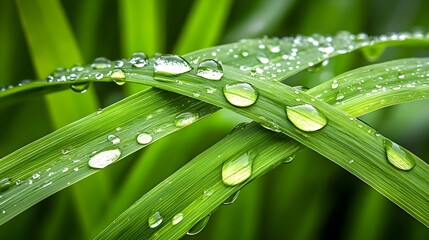 Naklejka premium Dew Drops on Lush Green Grass Blades - Macro photography