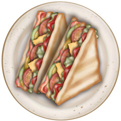 Sandwich colorful hand drawn design elements cute have pieces and ingredients drawn in watercolor. 