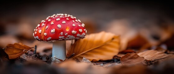 Enchanting fly agaric mushroom amidst fallen leaves in autumn forest floor a captivating close up showcasing nature's beauty and intricate details in a natural setting