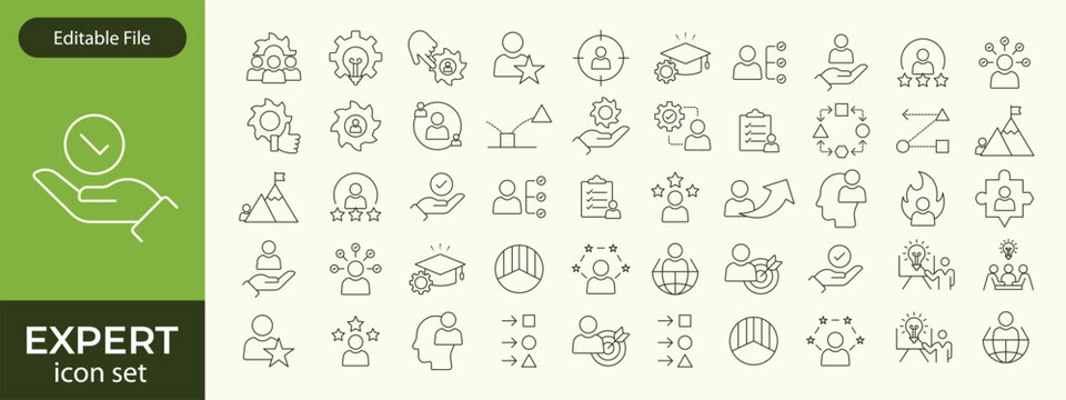 Expert line icon set. Set of 30 outline icons related to talent, skill, aptitude, specialist, thinking, expertise, expert and others. Editable stroke. Vector illustration