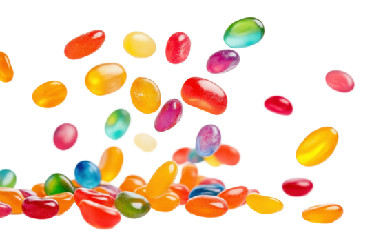 Round colorful jelly pieces falling in the air create a fun and playful visual experience