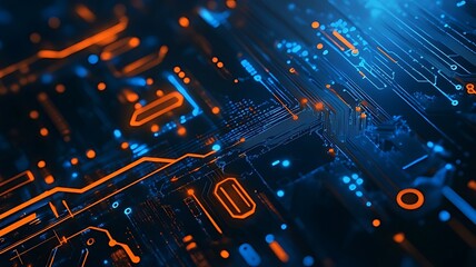 Close-Up of a Glowing Circuit Board , Beautiful wallpaper featuring a high-tech circuit with glowing paths, creating an abstract background and best-seller concept 
