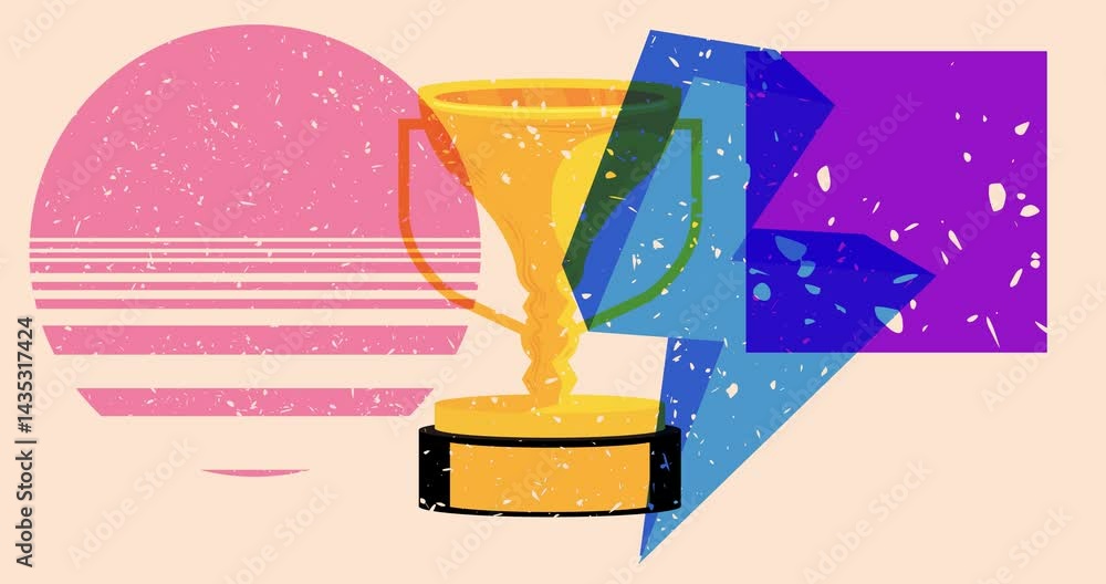 Poster risograph trophy cup with geometric shapes animation. moving object in trendy riso graph design vide