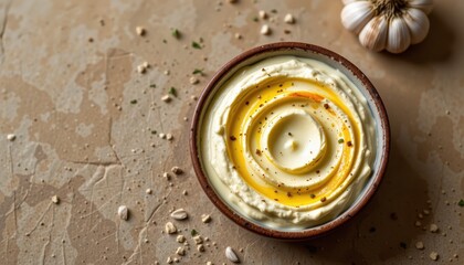 Obraz premium Minimalist top down photo of roasted garlic dip bowl, placed on the right side over soft earthy tone background