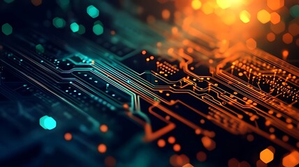 Close-Up of a Glowing Circuit Board , Beautiful wallpaper featuring a high-tech circuit with glowing paths, creating an abstract background and best-seller concept 
